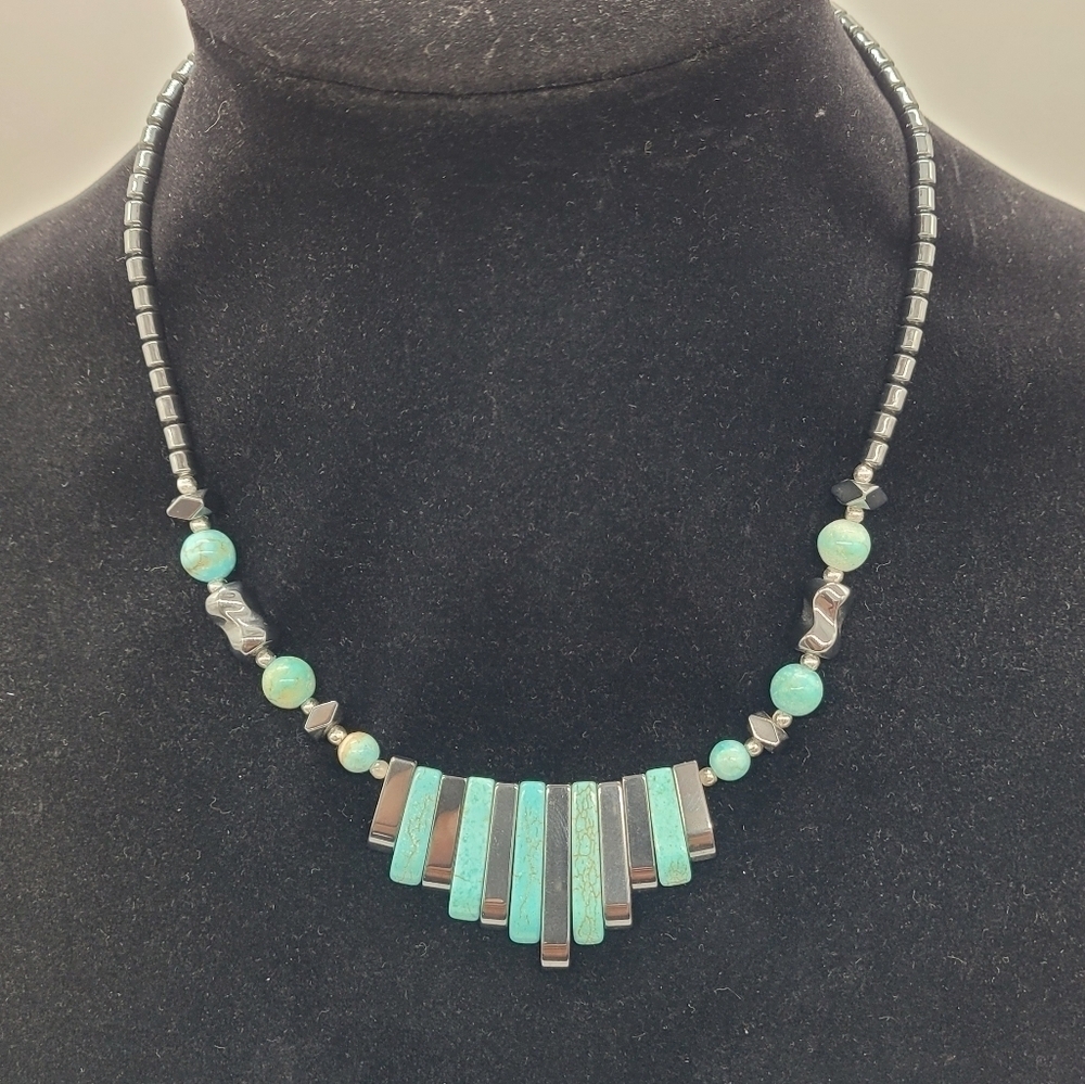 Hematite and Turquoise Piano Style Necklace​​​